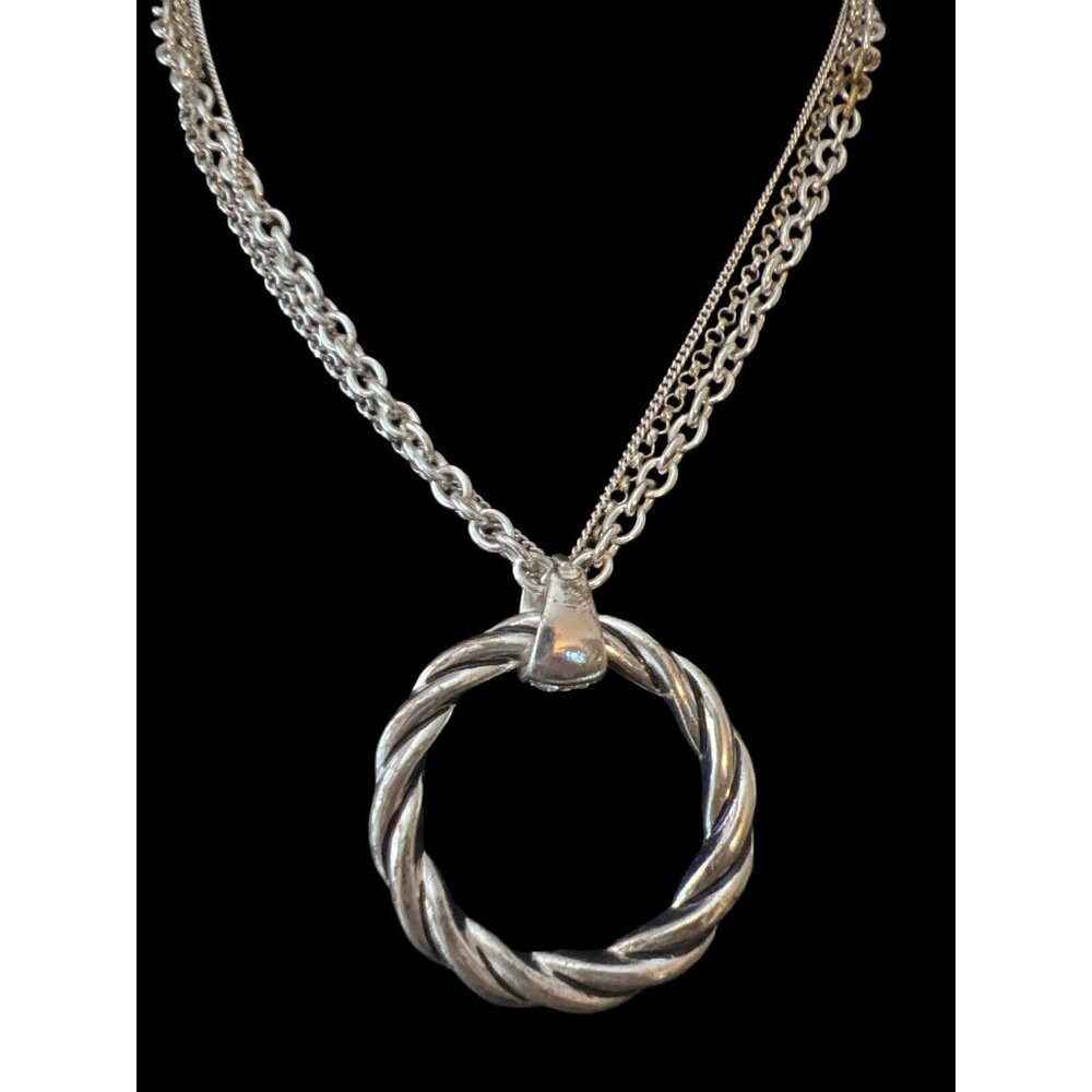 Three Various Tiers Silver Chain Necklace w Lrg Twisted Silver Round Pendant 18"